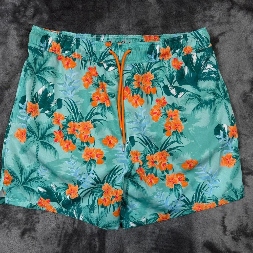 Robert Graham Swim Trunks Mens Large Teal New Tropical Forest Floral SMRG1102